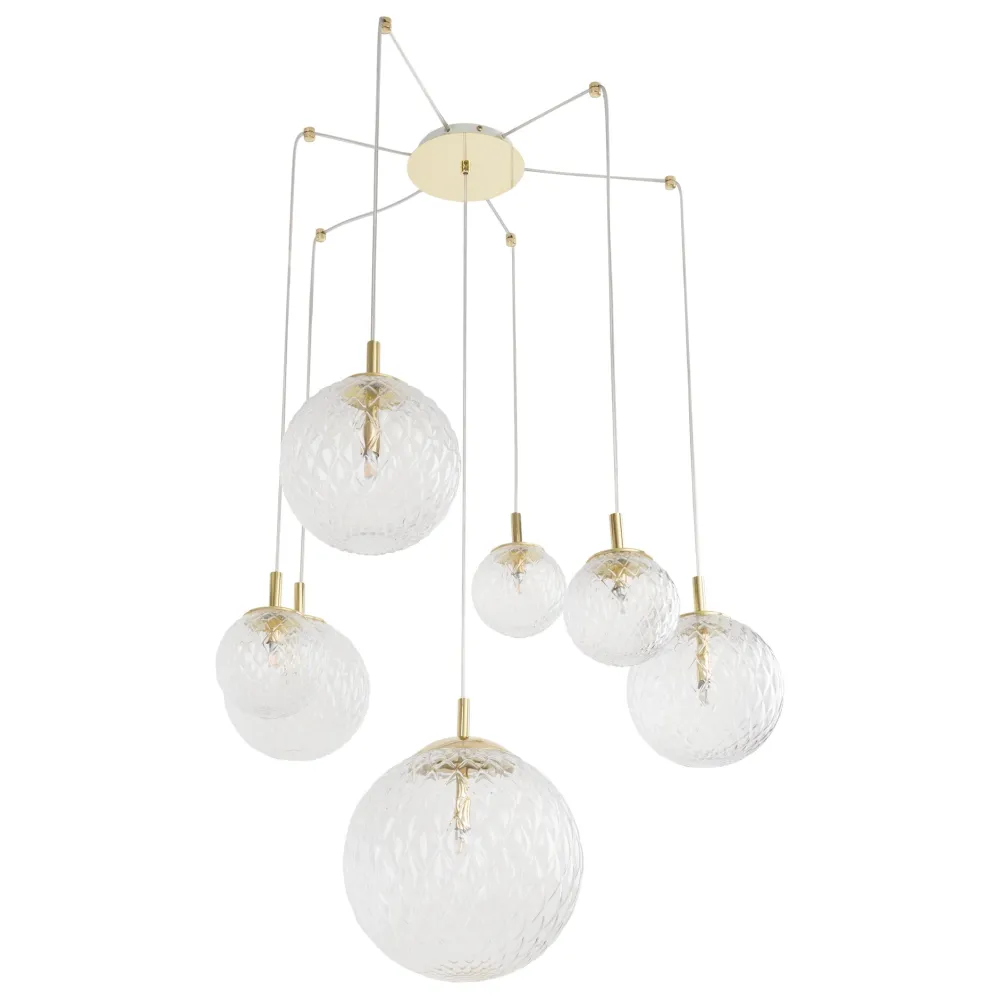 Lampadari Moderni-Selezionato da Mazzolaluce Lampadario oro sospensioni sfere di vetro trasparente rigato a grappolo per soggiorno contemporaneo
