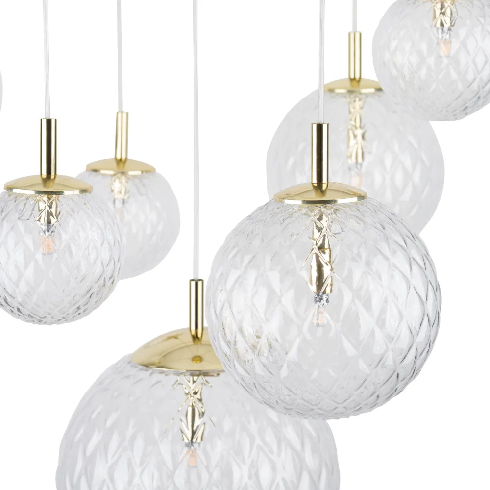 Lampadari Moderni-Selezionato da Mazzolaluce Lampadario oro sospensioni sfere di vetro trasparente rigato a grappolo per soggiorno contemporaneo
