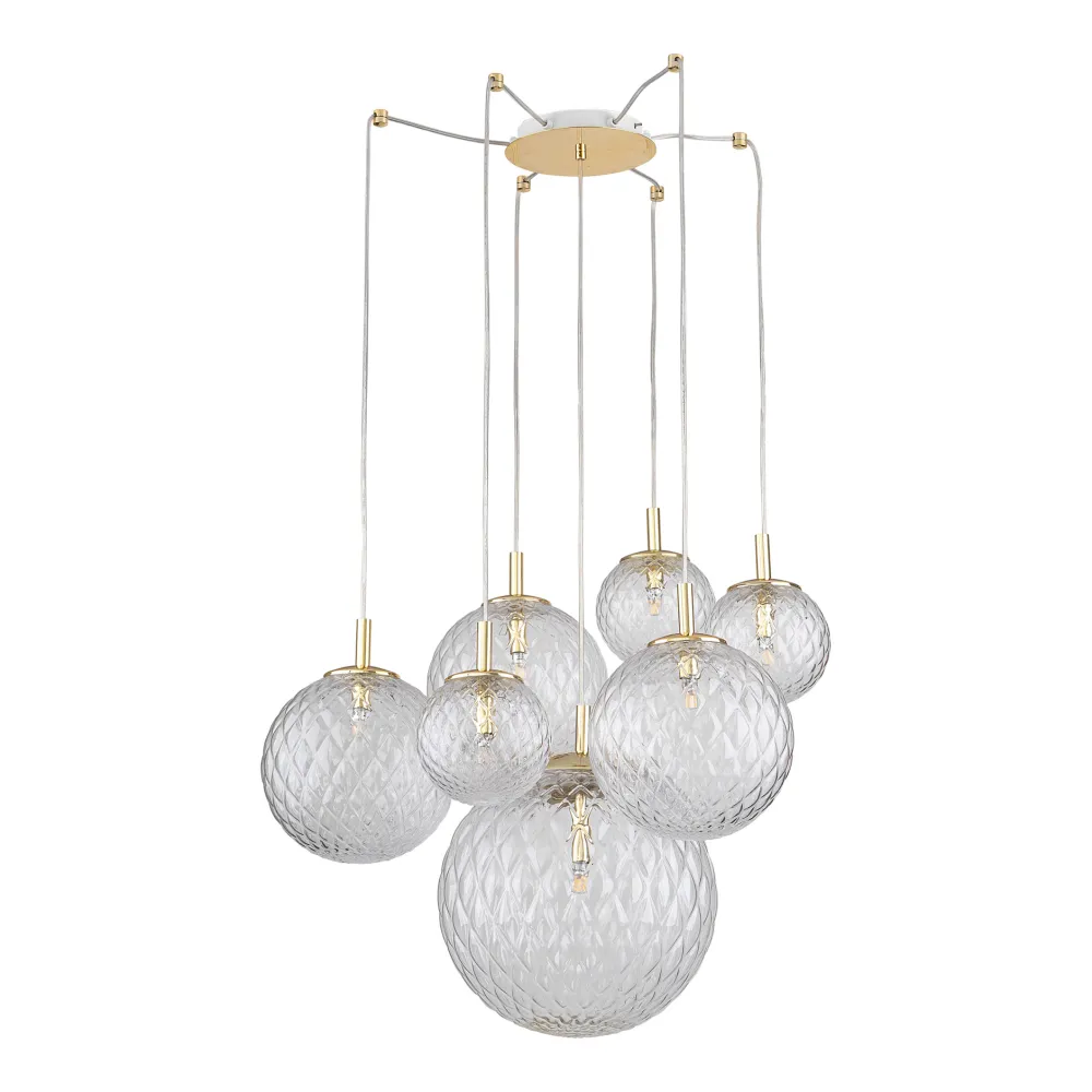 Lampadari Moderni-Selezionato da Mazzolaluce Lampadario oro sospensioni sfere di vetro trasparente rigato a grappolo per soggiorno contemporaneo
