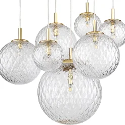 Lampadari Moderni-Selezionato da Mazzolaluce Lampadario oro sospensioni sfere di vetro trasparente rigato a grappolo per soggiorno contemporaneo