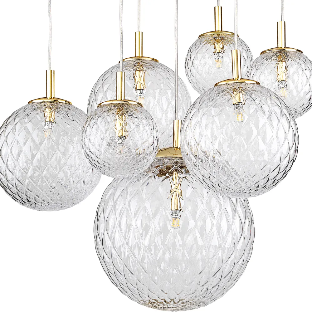 Lampadari Moderni-Selezionato da Mazzolaluce Lampadario oro sospensioni sfere di vetro trasparente rigato a grappolo per soggiorno contemporaneo