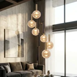 Lampadari Moderni-Selezionato da Mazzolaluce Lampadario pendenti a sospensione nero sfere vetro ambra per soggiorno