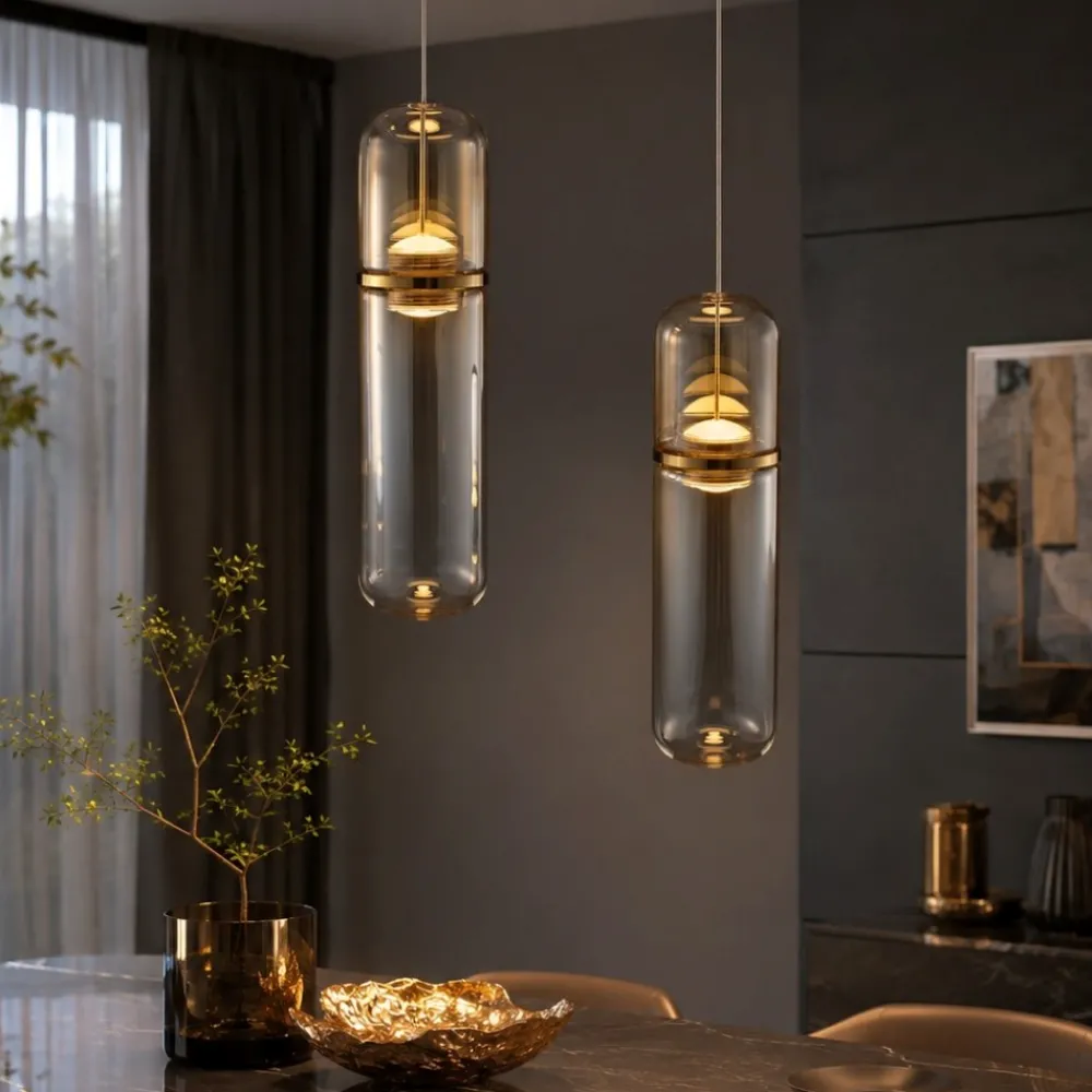 Lampadari Moderni-Selezionato da Mazzolaluce Lampadario 2 pendenti in vetro capsule ambra led 3000k per soggiorno moderno