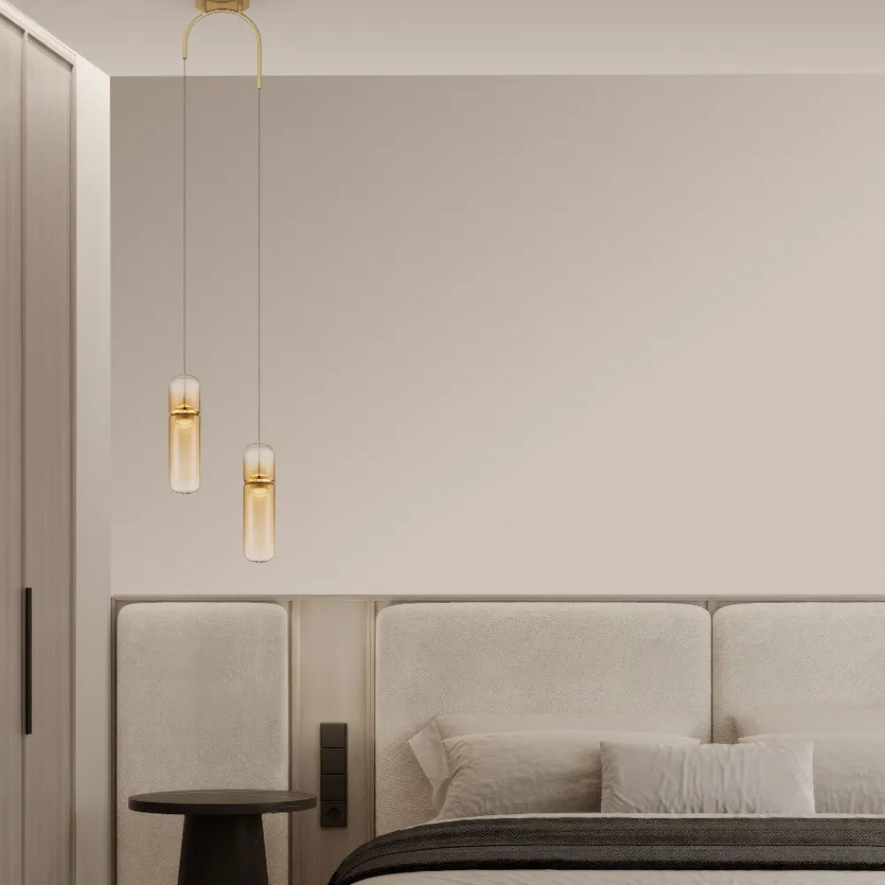Lampadari Moderni-Selezionato da Mazzolaluce Lampadario 2 pendenti in vetro capsule ambra led 3000k per soggiorno moderno