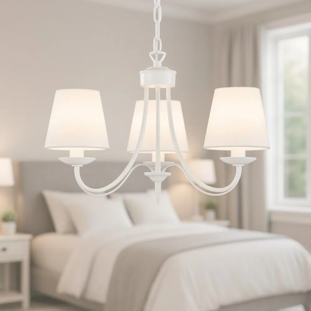 Lampadario Camera Da Letto-Selezionato da Mazzolaluce Lampadario per camera da letto paralumi in tessuto bianco