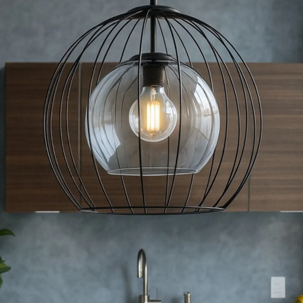 Lampadari Cucina-Selezionato da Mazzolaluce Lampadario per cucina a sfera nero 50 cm diffusore a gabbia