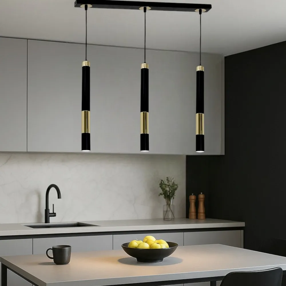 Lampadari Cucina-Selezionato da Mazzolaluce Lampadario per cucina 3 cilindri nero oro fp