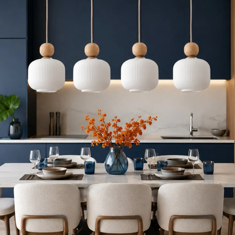Lampadari Cucina-Selezionato da Mazzolaluce Lampadario per cucina inserti in legno 4 pendenti in vetro