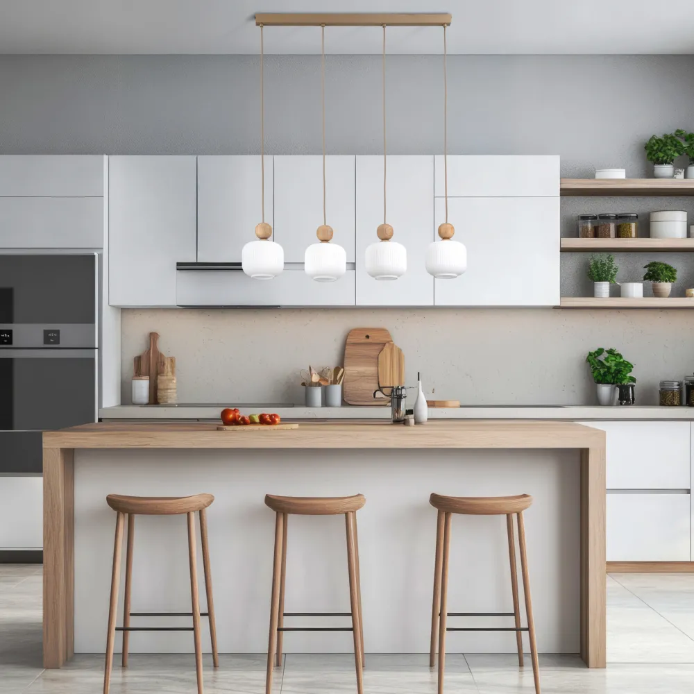 Lampadari Cucina-Selezionato da Mazzolaluce Lampadario per cucina inserti in legno 4 pendenti in vetro