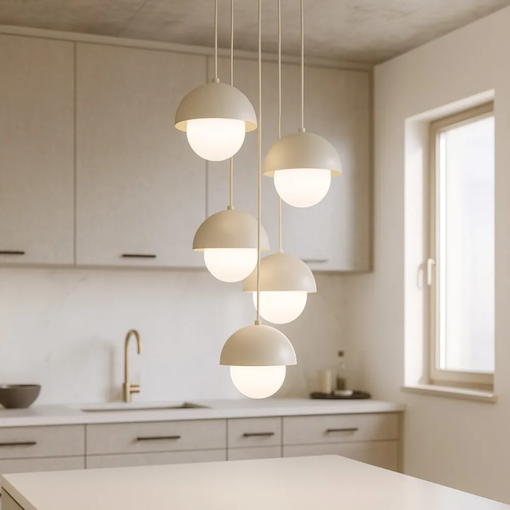 Lampadari Cucina-Selezionato da Mazzolaluce Lampadario per cucina moderna 5 luci pendenti a cupola beige