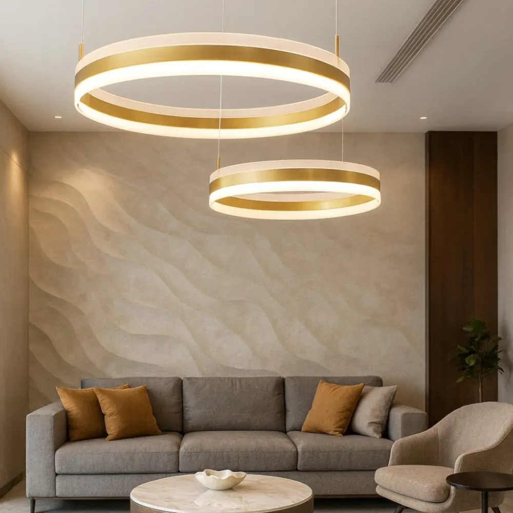Lampadari Moderni-Selezionato da Mazzolaluce Lampadario per salone doppio cerchio oro led 3000k dimmerabile