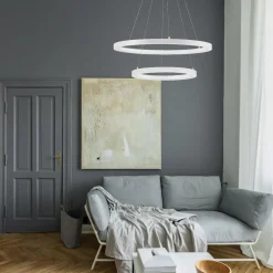 Lampadari Moderni-Selezionato da Mazzolaluce Lampadario per salone moderno cerchi bianchi led 3000k dimmerabili