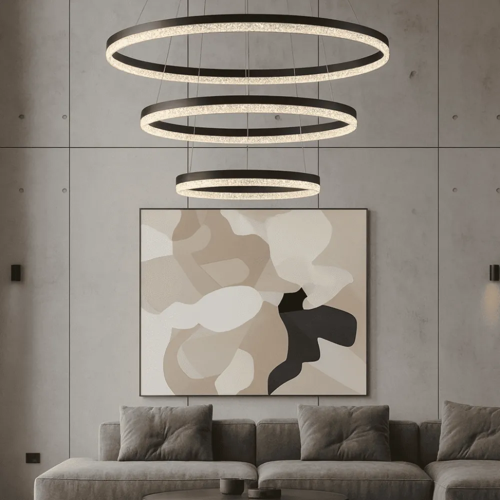 Lampadari Moderni-Selezionato da Mazzolaluce Lampadario per salotto anelli neri led 3000k dimmerabile cristalli