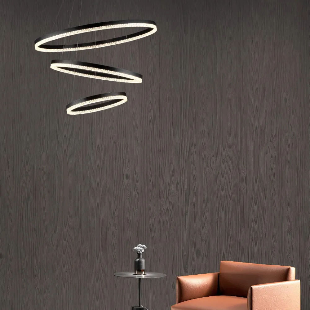 Lampadari Moderni-Selezionato da Mazzolaluce Lampadario per salotto anelli neri led 3000k dimmerabile cristalli