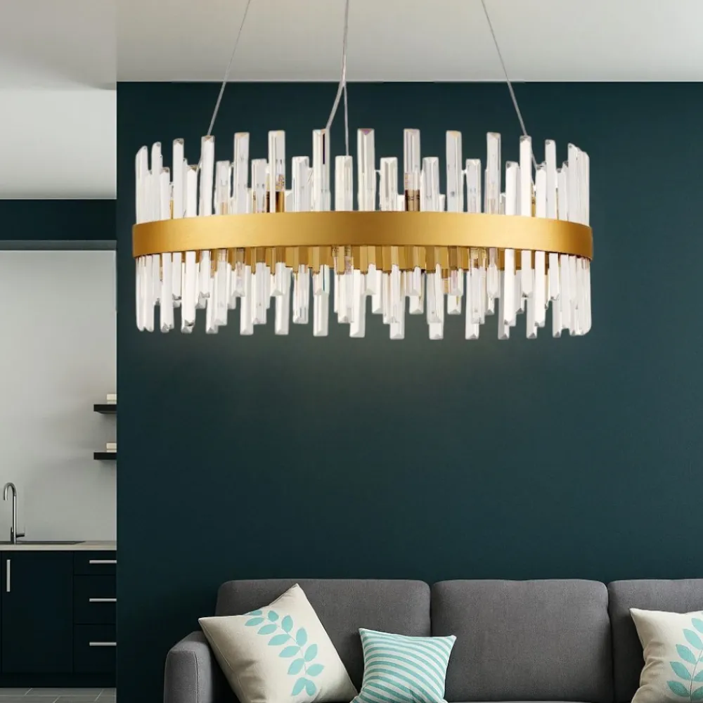 Lampadari Moderni-Selezionato da Mazzolaluce Lampadario per salotto cerchio oro satinato con cristalli