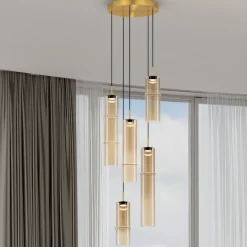 Lampadari Moderni-Selezionato da Mazzolaluce Lampadario per salotto moderno 5 luci sospese vetro ambra led