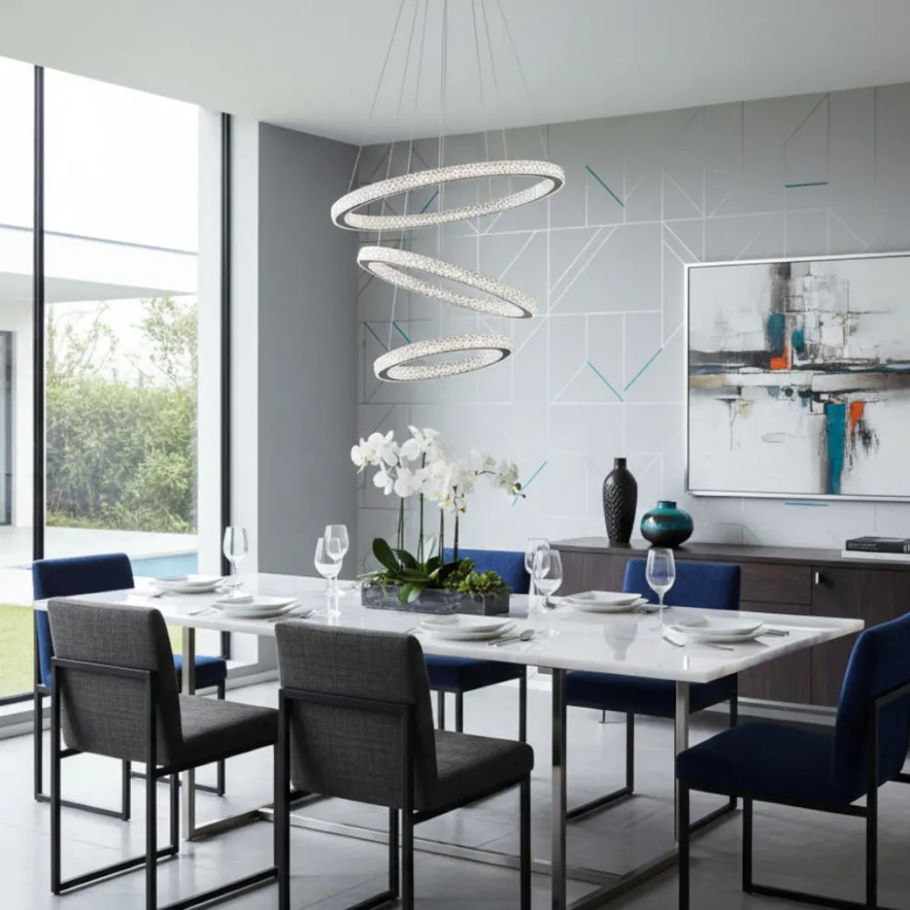 Lampadari Moderni-Selezionato da Mazzolaluce Lampadario per salotto tre anelli orientabili neri led 3000k dimmerabile cristalli