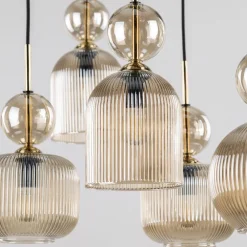Lampadari Moderni-Selezionato da Mazzolaluce lampadario per soggiorno con 5 vetri ambra a grappolo pendenti