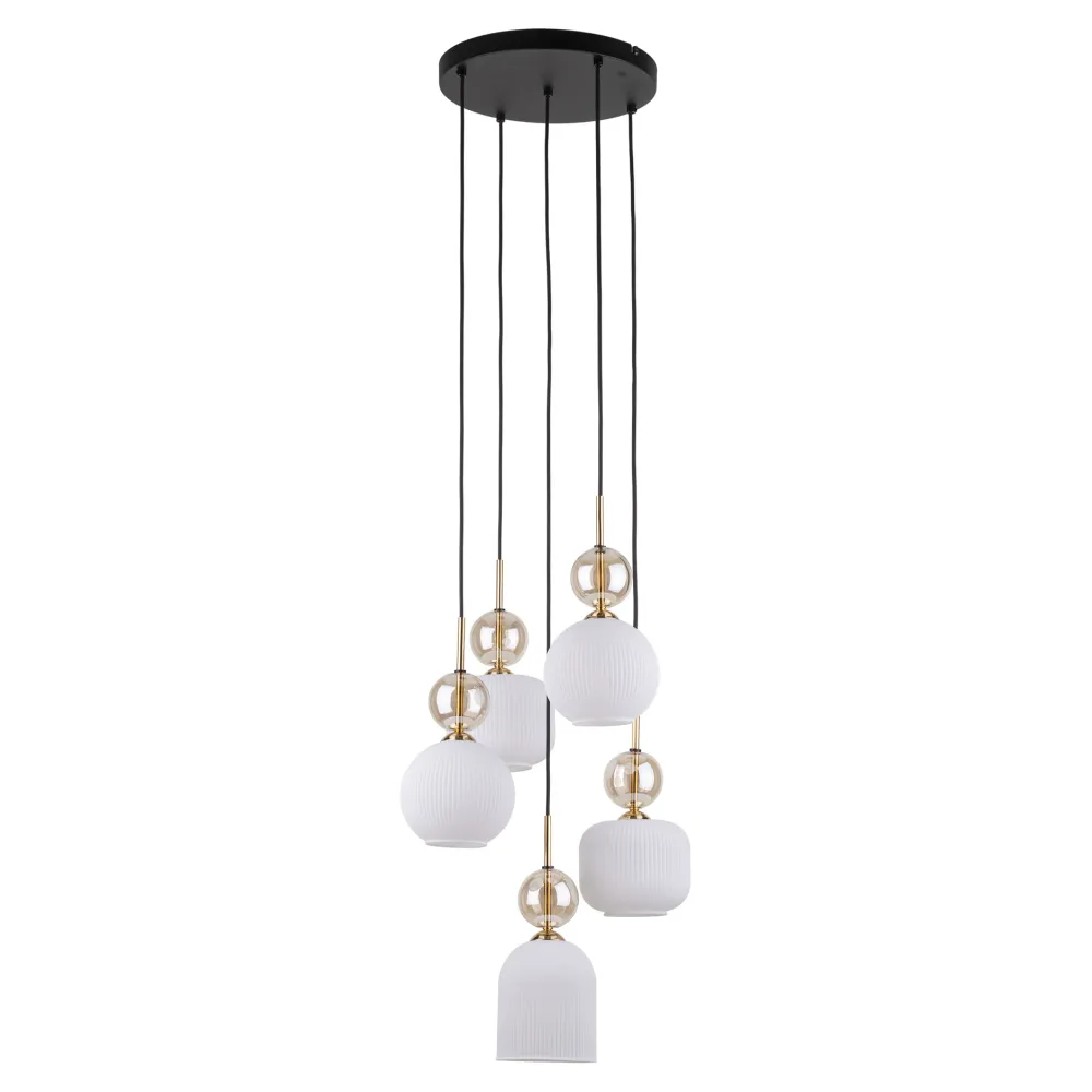 Lampadari Moderni-Selezionato da Mazzolaluce lampadario per soggiorno contemporaneo 5 vetri ambra bianco pendenti