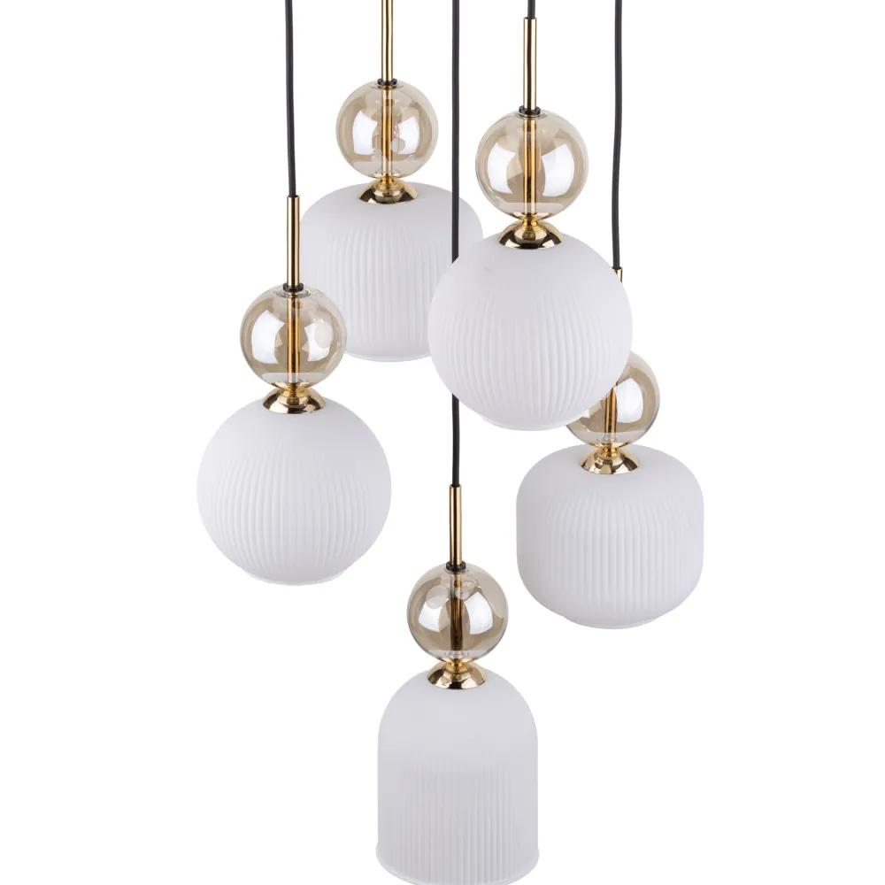 Lampadari Moderni-Selezionato da Mazzolaluce lampadario per soggiorno contemporaneo 5 vetri ambra bianco pendenti