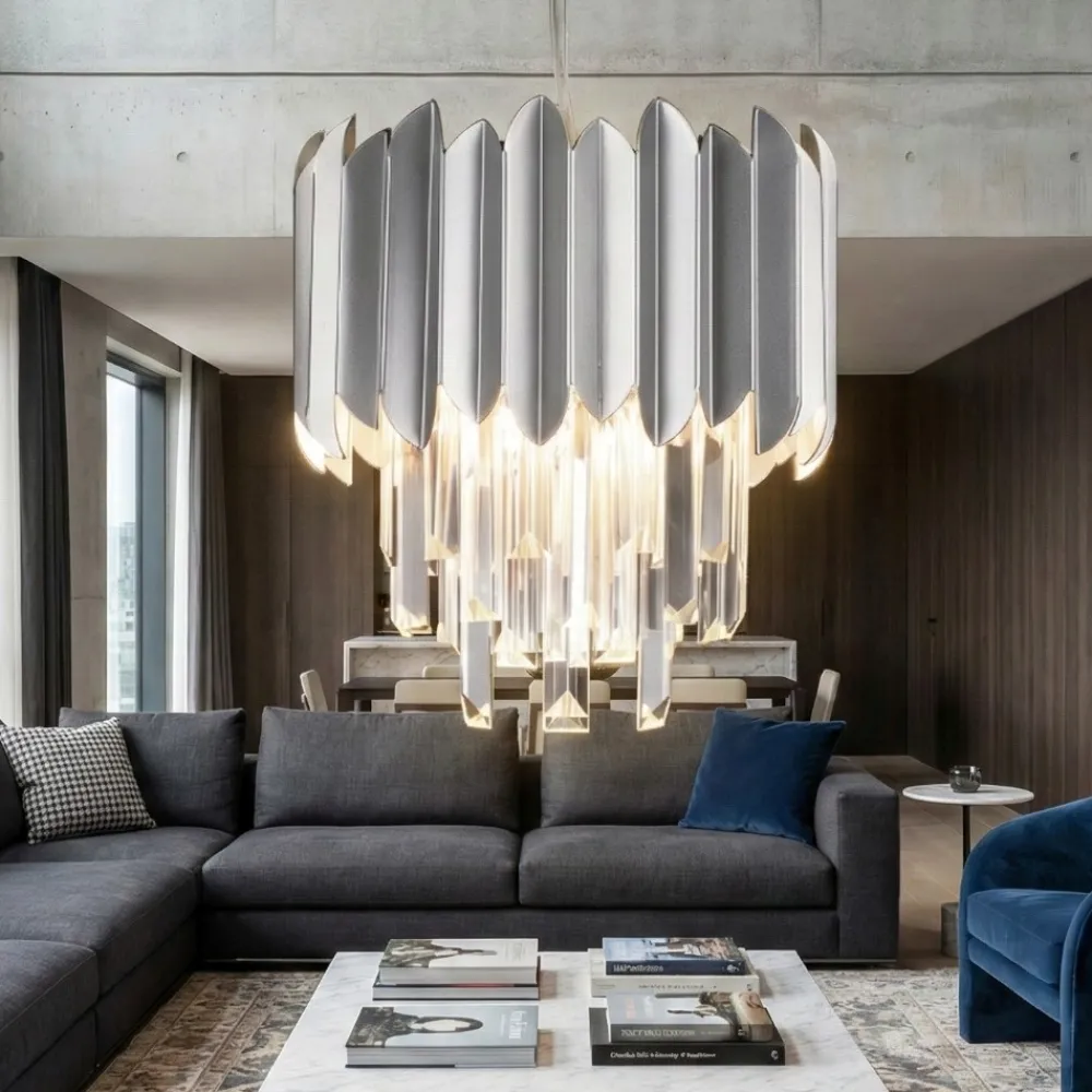 Lampadari Moderni-Selezionato da Mazzolaluce Lampadario per soggiorno cromo con cristalli elegante
