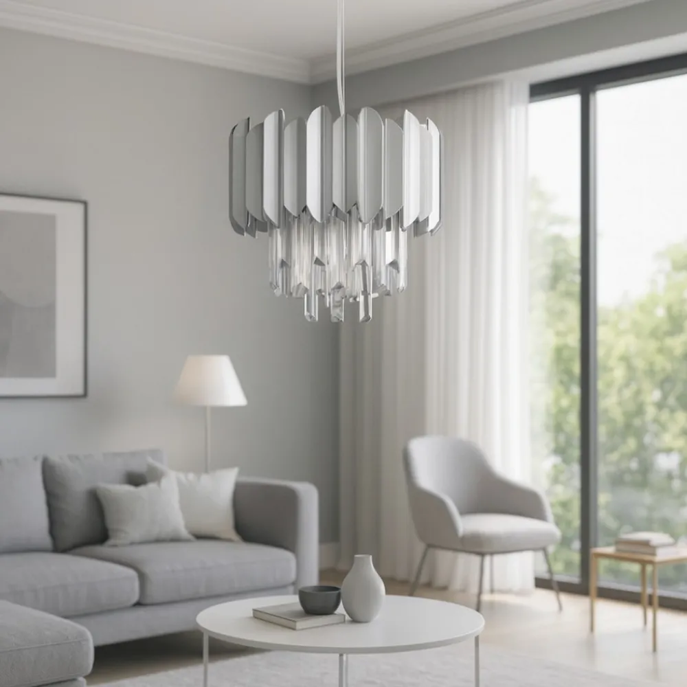 Lampadari Moderni-Selezionato da Mazzolaluce Lampadario per soggiorno cromo con cristalli elegante