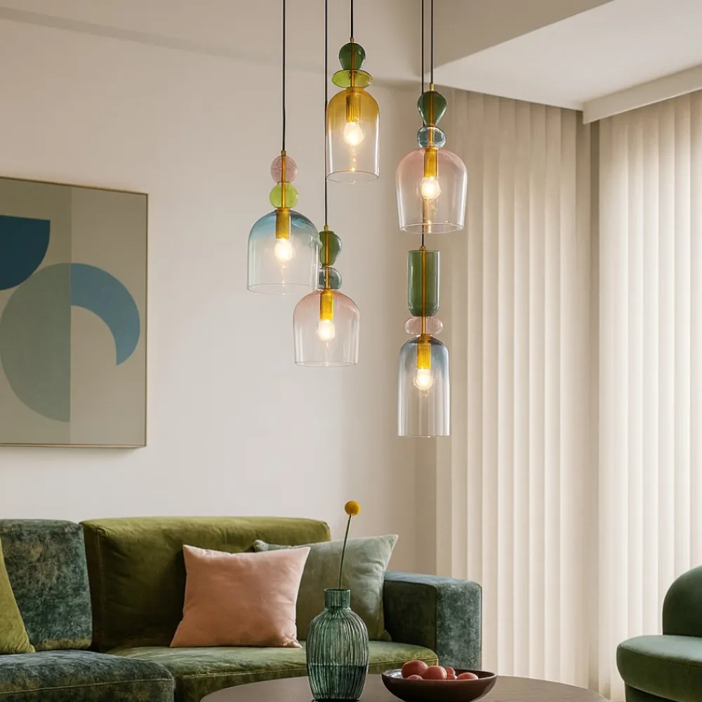 Lampadari Moderni-Selezionato da Mazzolaluce Lampadario per soggiorno moderno vetri multicolor pendenti