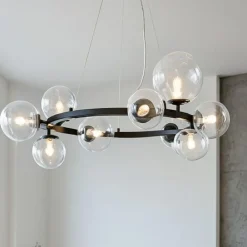 Lampadari Moderni-Selezionato da Mazzolaluce Lampadario per soggiorno moderno nero sfere di vetro trasparente
