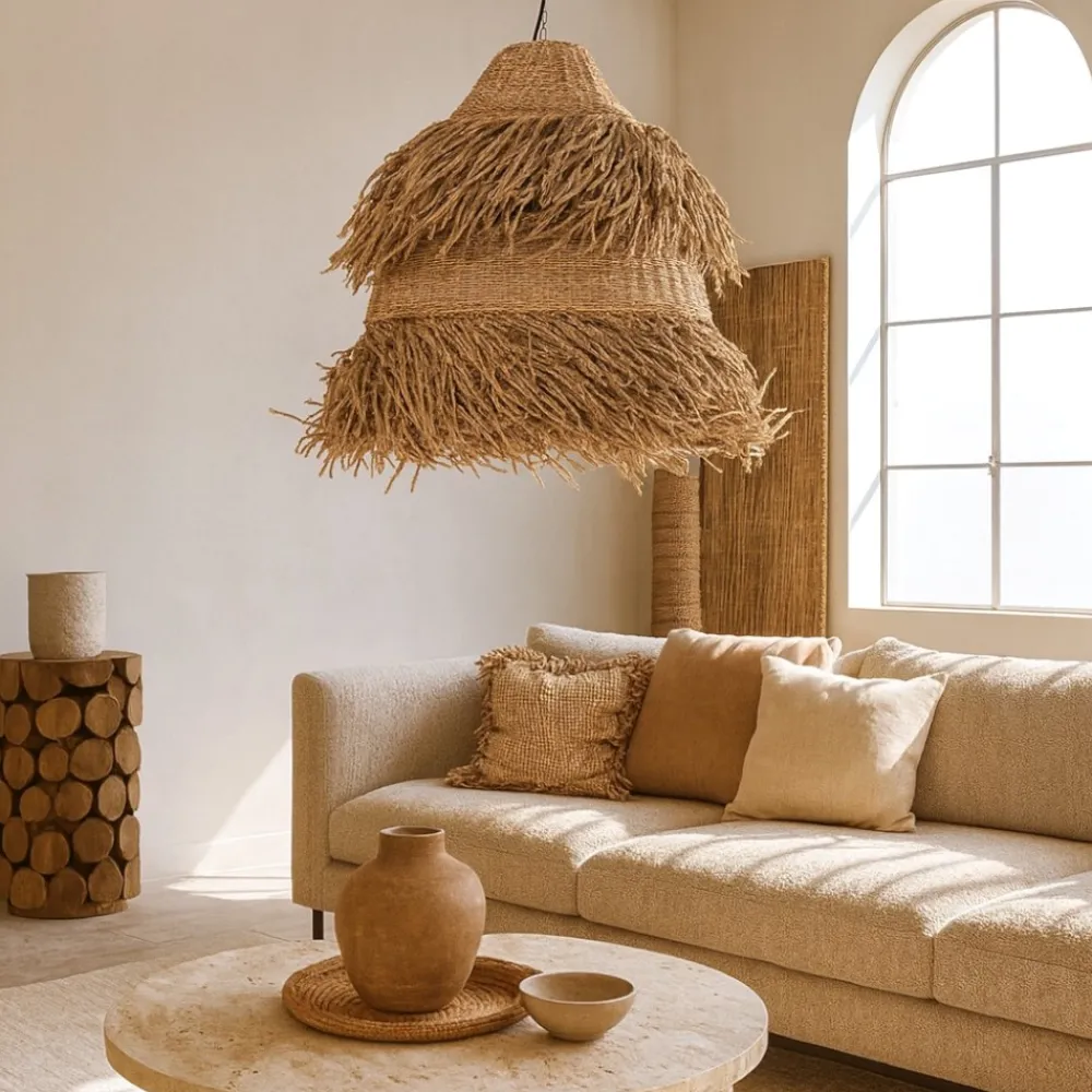 Lampadari Moderni-Selezionato da Mazzolaluce Lampadario per soggiorno rattan e alga marina 80 cm