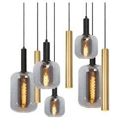 Lampadari Moderni-Selezionato da Mazzolaluce Lampadario per soggiorno sfere in vetro fume cilindri oro