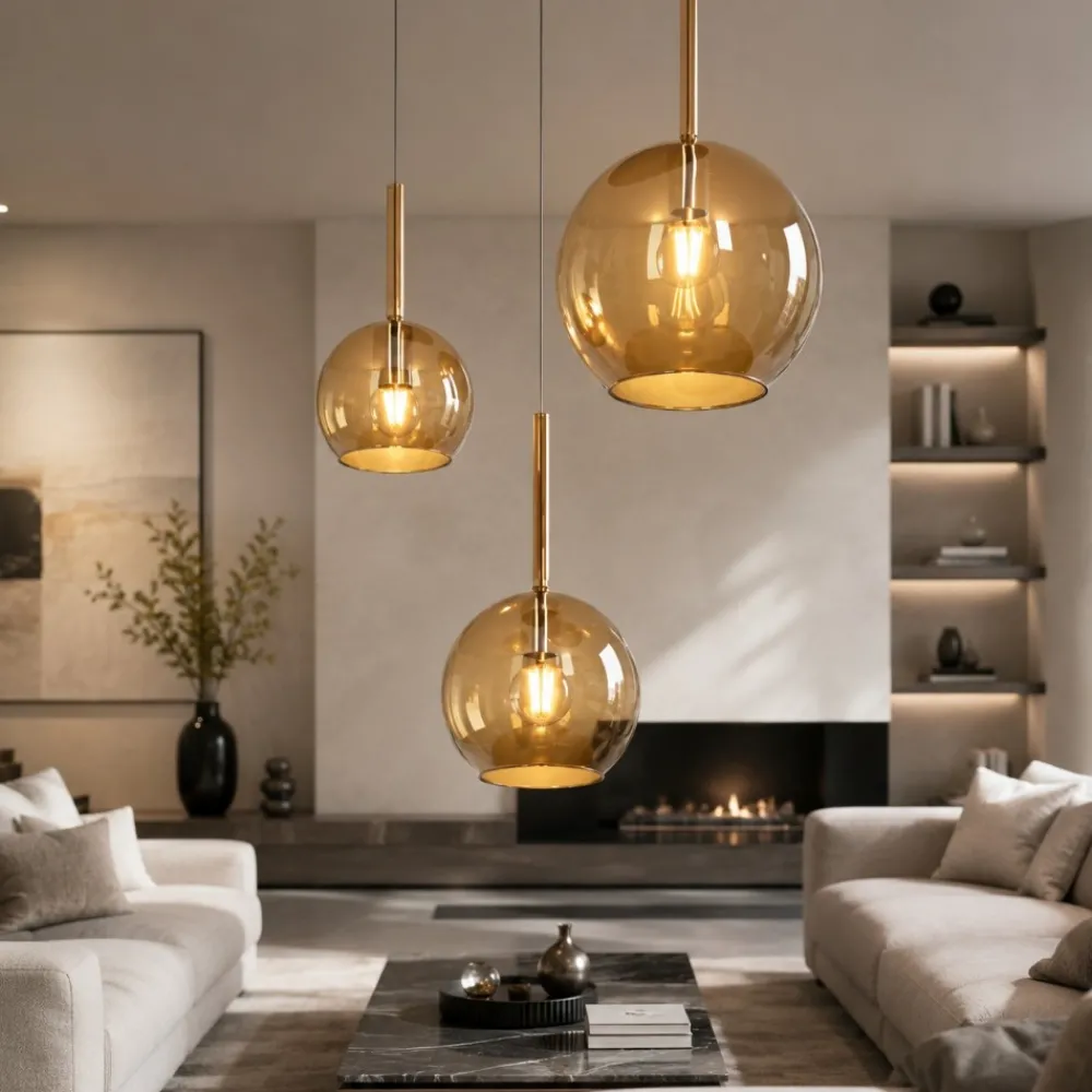 Lampadari Moderni-Top Light Lampadario per soggiorno tre luci vetri ambra trasparenti