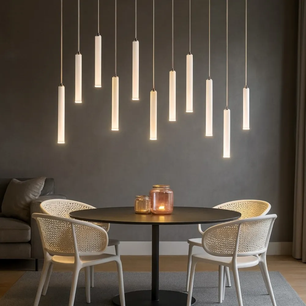 Lampadari Moderni-Selezionato da Mazzolaluce Lampadario per tavolo soggiorno moderno cilindri bianco led 3000k dimmerabile