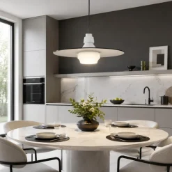 Lampadari Cucina-Selezionato da Mazzolaluce Lampadario piatto 45 cm a sospensione in vetro bianco fume design moderno per cucina