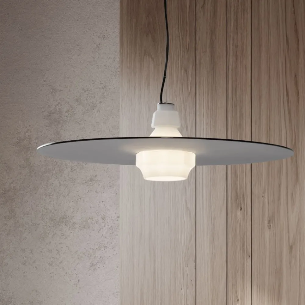Lampadari Cucina-Selezionato da Mazzolaluce Lampadario piatto design moderno 60 cm in vetro bianco fume per cucina