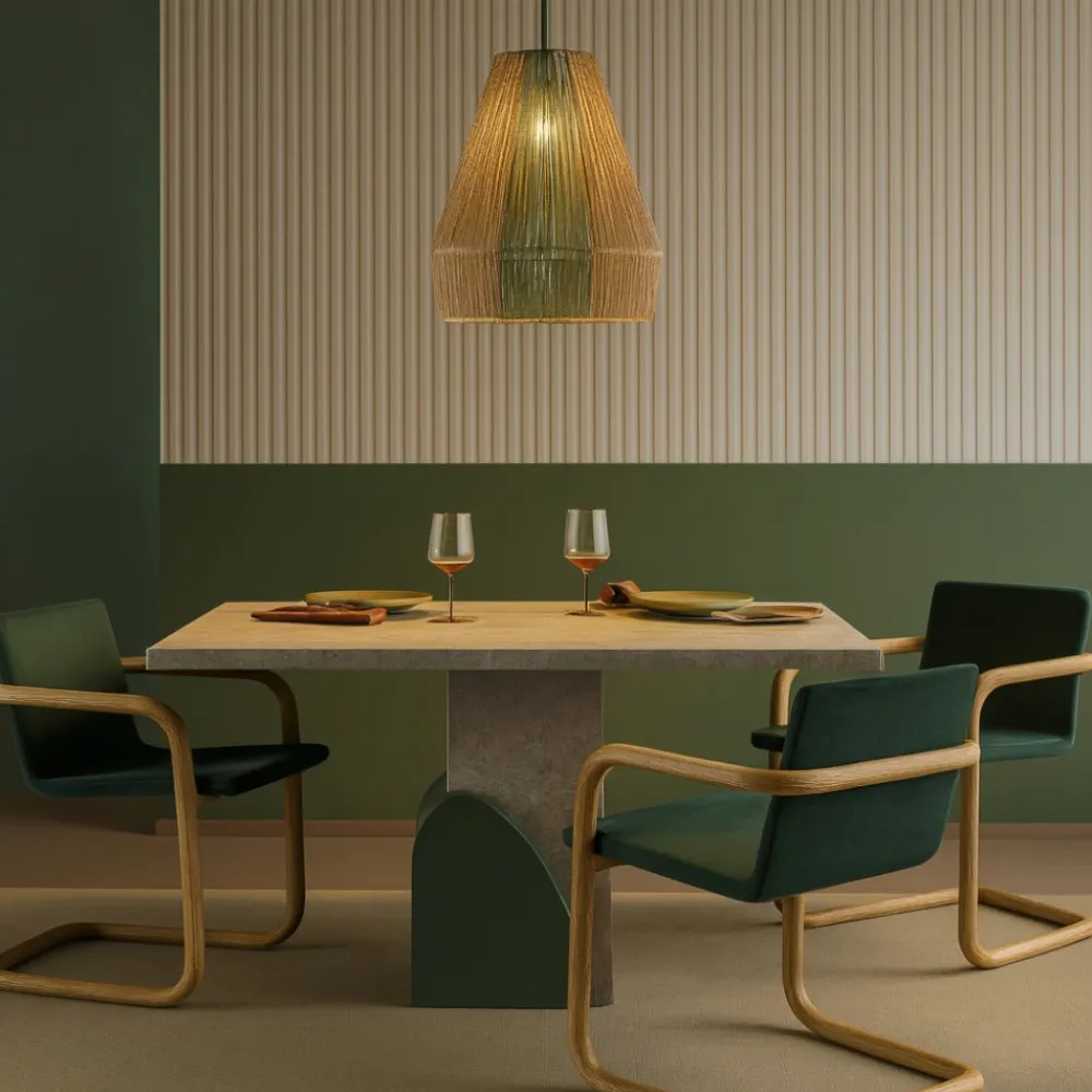 Lampadari Moderni-Selezionato da Mazzolaluce Lampadario rattan in corda sabbia e verde