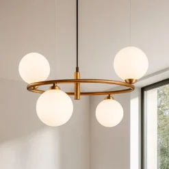 Lampadari Moderni-Maytoni Lampadario ring moderno oro per salotto sfere vetro bianco