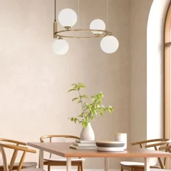 Lampadari Moderni-Maytoni Lampadario ring moderno oro per salotto sfere vetro bianco