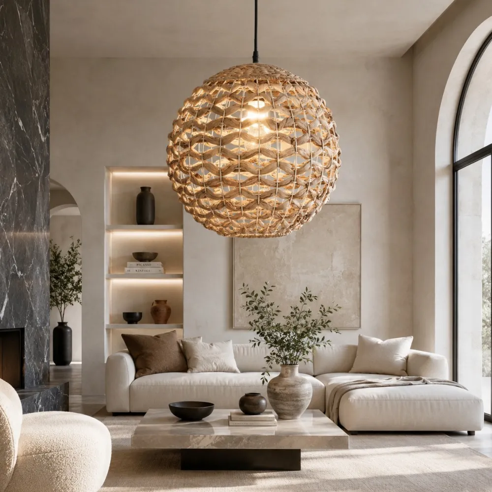 Lampadari Moderni-Selezionato da Mazzolaluce Lampadario sfera di rattan 50 cm e giaciglio essiccato per soggiorno