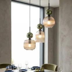 Lampadari Moderni-Selezionato da Mazzolaluce lampadario 3 sfere di vetro verde ambra a sospensione