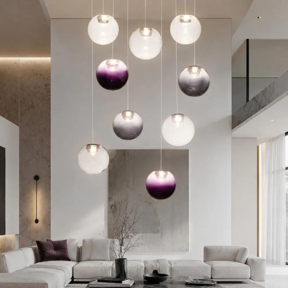 Lampadari Moderni-Selezionato da Mazzolaluce Lampadario sfere pendenti in vetro opale viola fume led 46w 3000k dimmerabile per soggiorno