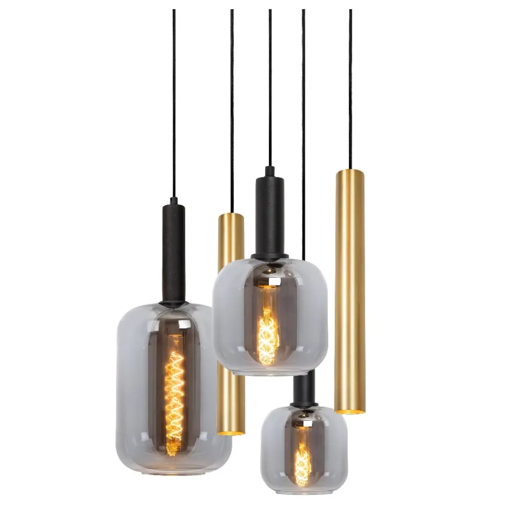 Lampadari Moderni-Selezionato da Mazzolaluce Lampadario sfere vetro e cilindri oro a sospensione per soggiorno