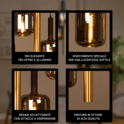 Lampadari Moderni-Selezionato da Mazzolaluce Lampadario sfere vetro e cilindri oro a sospensione per soggiorno