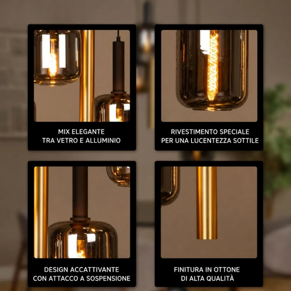 Lampadari Moderni-Selezionato da Mazzolaluce Lampadario sfere vetro e cilindri oro a sospensione per soggiorno