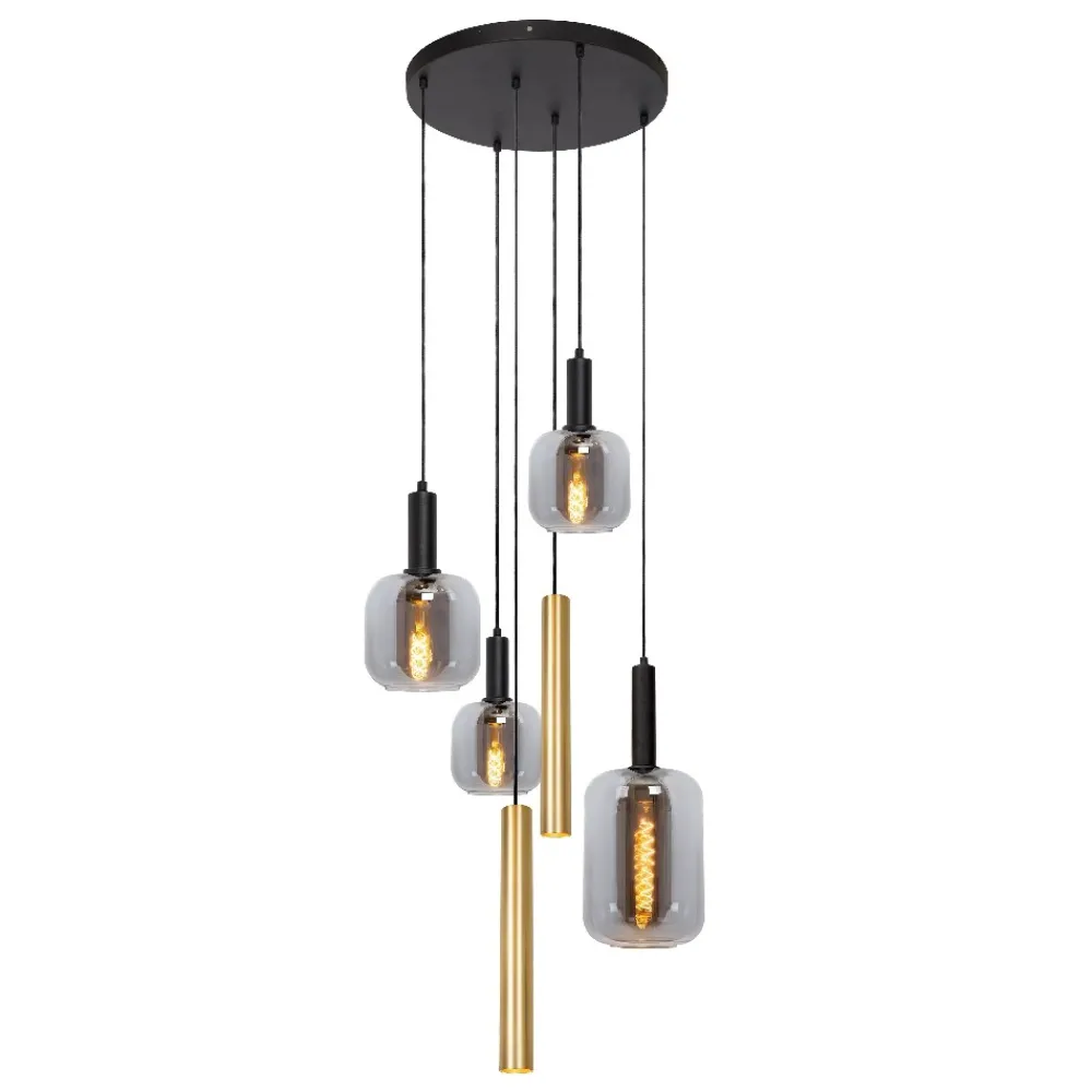 Lampadari Moderni-Selezionato da Mazzolaluce Lampadario sfere vetro e cilindri oro a sospensione per soggiorno