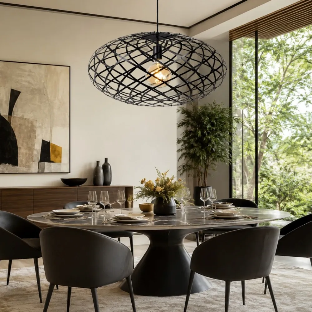 Lampadari Moderni-Selezionato da Mazzolaluce Lampadario tondo intreccio metallo nero per soggiorno