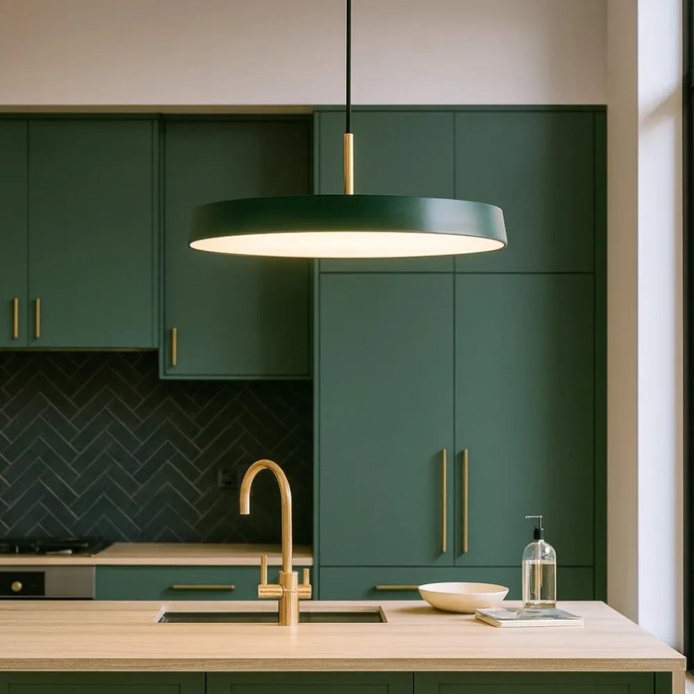 Lampadari Cucina-Selezionato da Mazzolaluce Lampadario verde tondo piatto circolare per tavolo cucina moderna