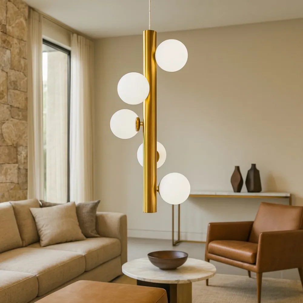 Lampadari Moderni-Selezionato da Mazzolaluce Lampadario verticale design oro sfere vetro bianco