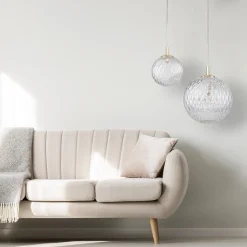 Lampade A Sospensione-Selezionato da Mazzolaluce Lampada sfera 21 cm a sospensione oro vetro trasparente rigato stile contemporaneo