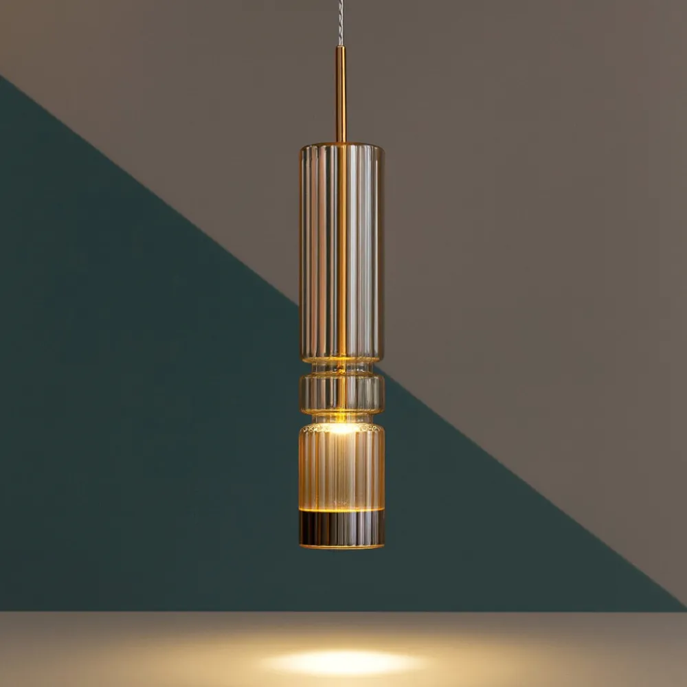 Lampade A Sospensione-Selezionato da Mazzolaluce Lampada sospensione oro led tubo vetro ambra