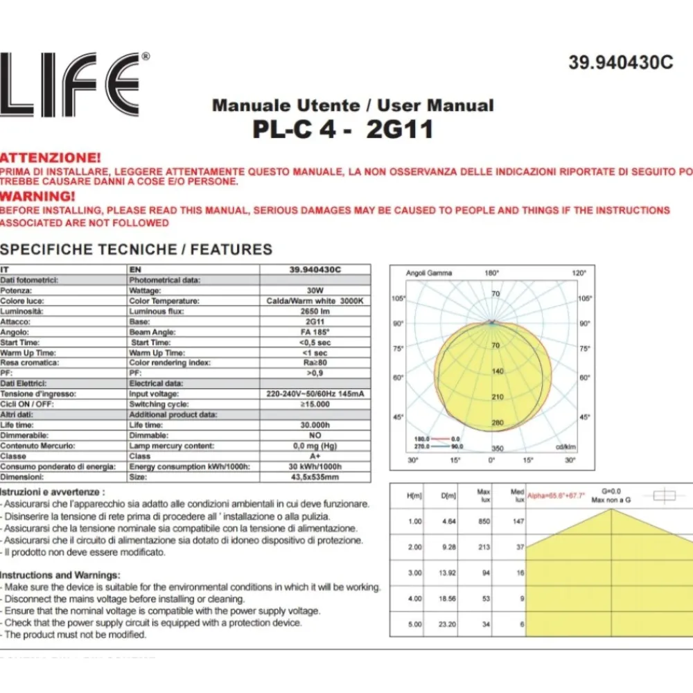 Lampadine Led-Top Light Lampada tubo led 2g11 30w 2650lm 3000k luce bianco calda